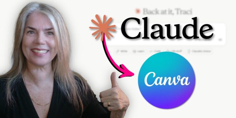 Articles Traci Gurney beside the Claude and Canva logos, connected by an arrow