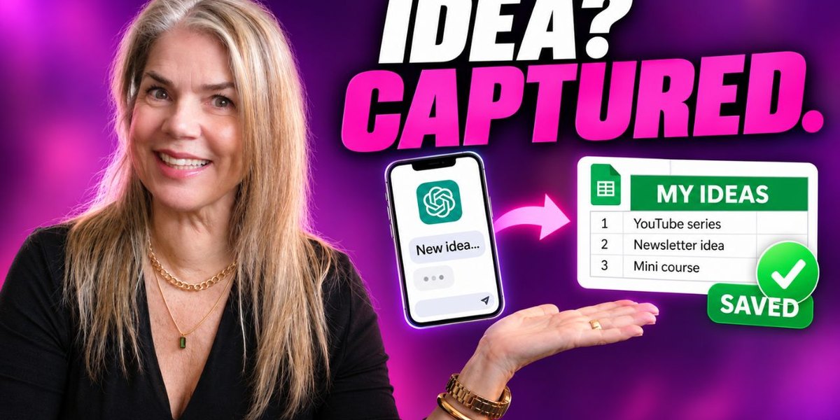 Articles Traci Gurney smiling beside a phone sending a new idea to ChatGPT, with an arrow to a Google Sheet of ideas marked Saved